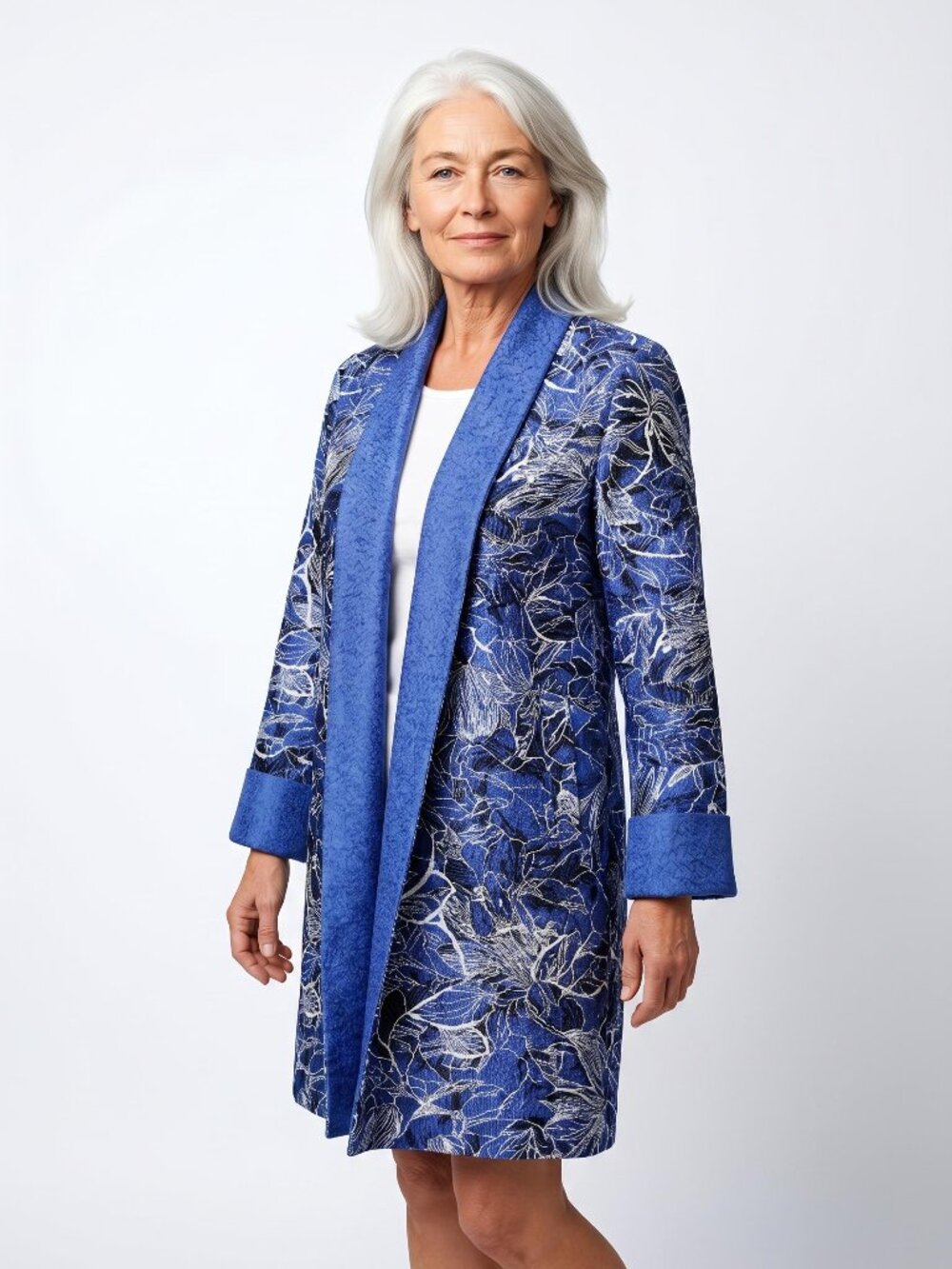 chicos travelers size 1 Blue Floral reversable Duster Dressy Jacket 8 10